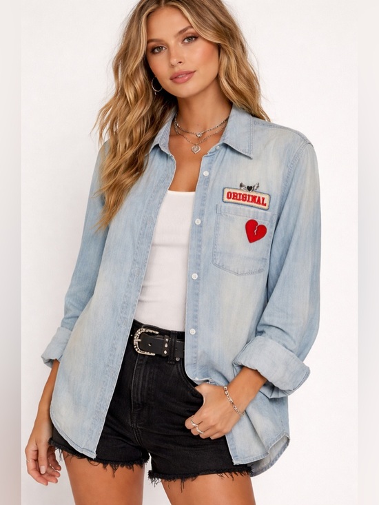 Rails Tops - Rails Chambray Button Down Denim Shirt Heart Patch Distressed Small
